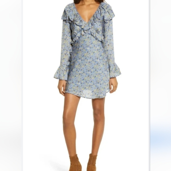 Free People Sweetest Thing Floral Ruffle Mini Dress NWT Midnight Cowboy Size 10 - Picture 1 of 16